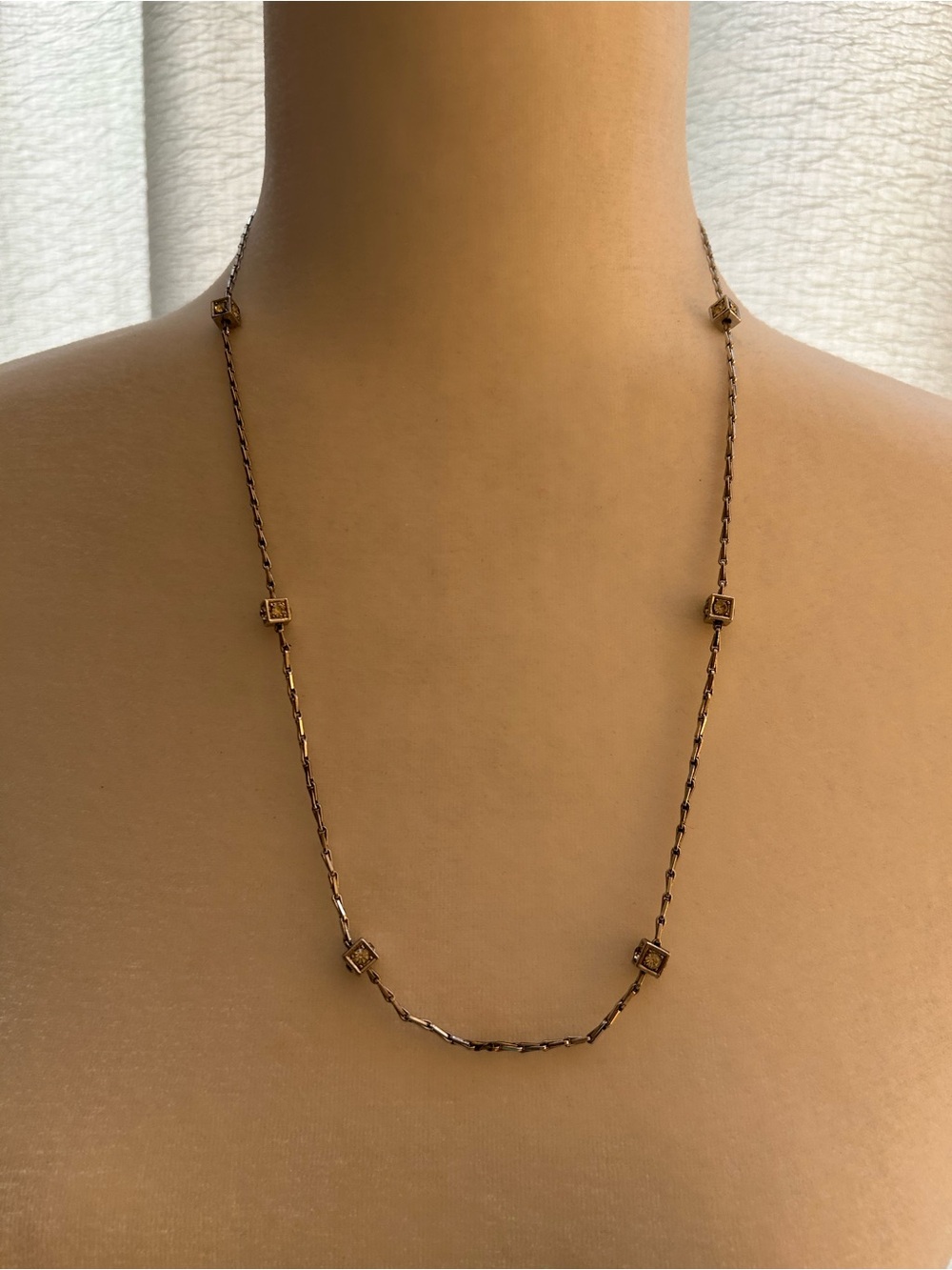 Vintage Trifari Elegant Silver Tone Station Link Necklace with square accents